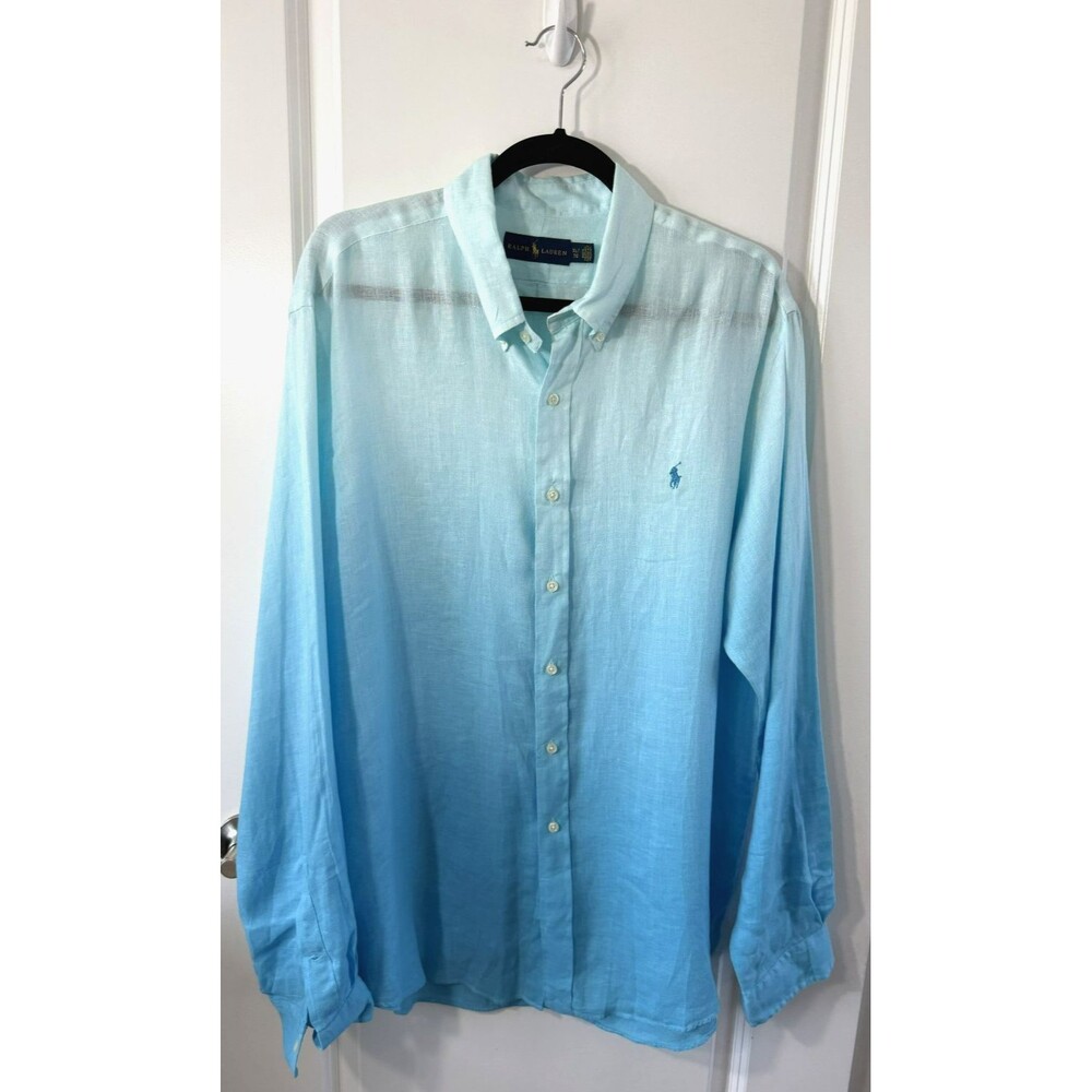 NEW Ralph Lauren Mens XL Blue White Ombre Dip-Dye Linen Button Down Shirt Oxford